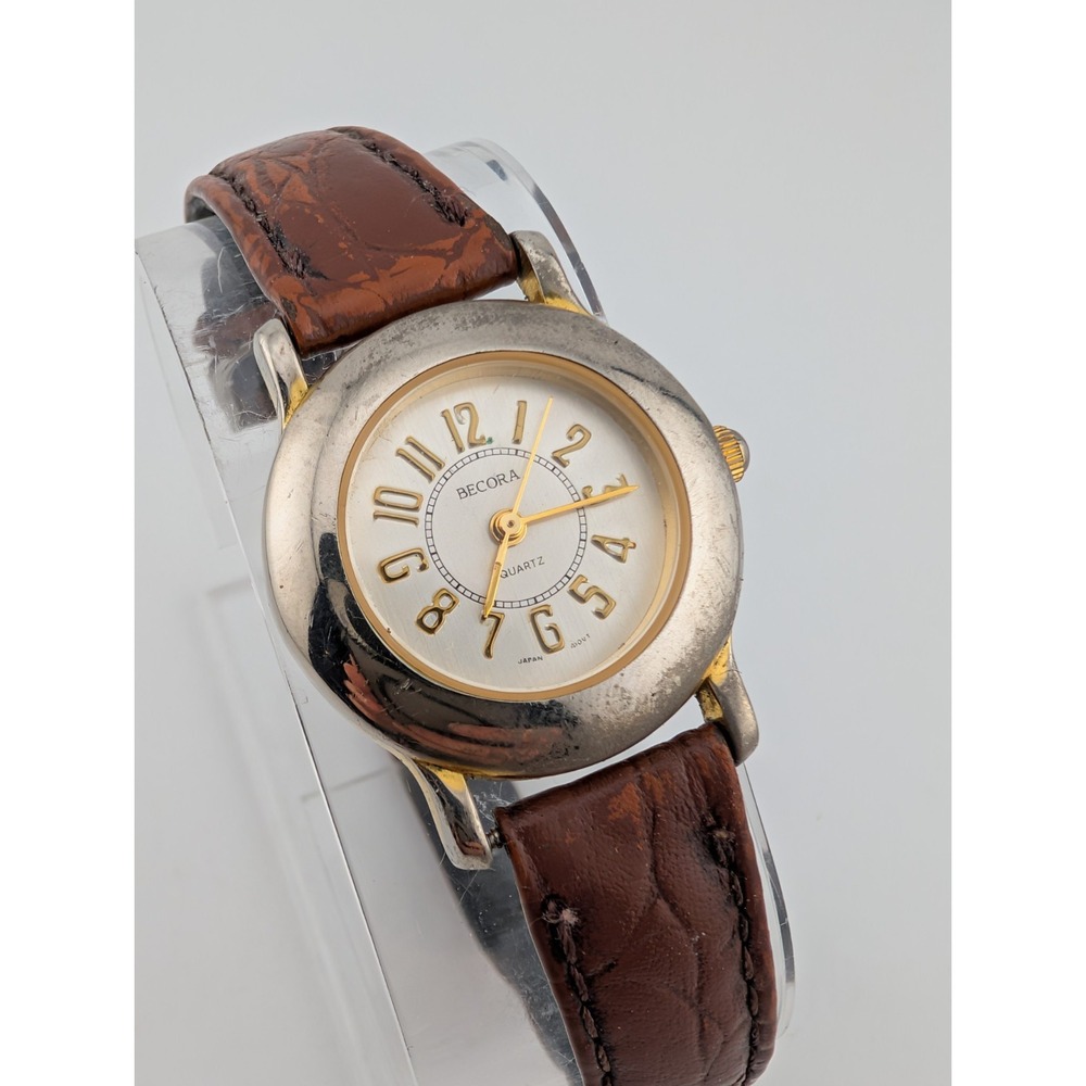 Vintage Becora Watch Women 25mm Gold Case Brown Leather Band-‎ New Battery